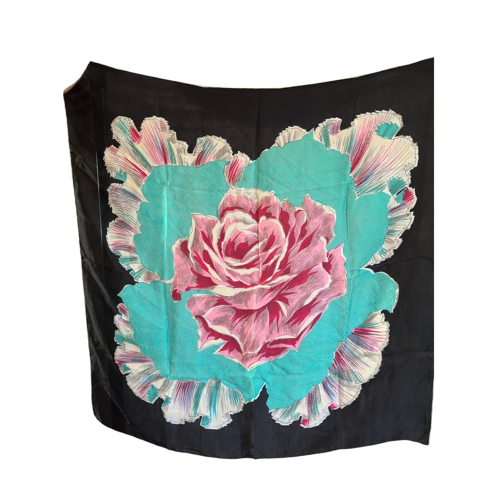 Vintage 80s‎ Silk Square Scarf Pink Rose Teal Black Hand Rolled Hem 32" square